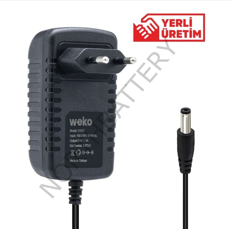 WEKO 21 VOLT - 1 AMPER 5.5*2.5 UÇLU KIRMIZI YEŞİL LEDLİ PRİZ TİPİ ŞARJLI MATKAP ADAPTÖRÜ